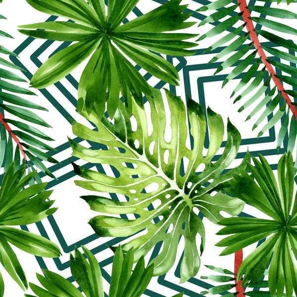 Palmera deja la selva botánica. Conjunto de ilustración de fondo acuarela. Patrón de fondo sin costuras . — Foto de Stock