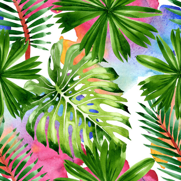 Пальмовое дерево оставляет джунгли ботаническими. Набор акварельных фонов. Бесшовный рисунок фона
.