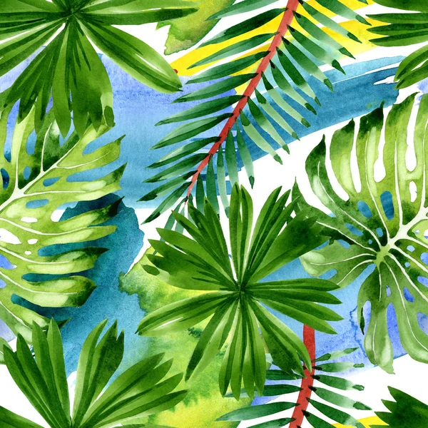 Palm Beach Tree lämnar Jungle Botanical. Akvarell bakgrund illustration uppsättning. Sömlöst bakgrundsmönster. — Stockfoto