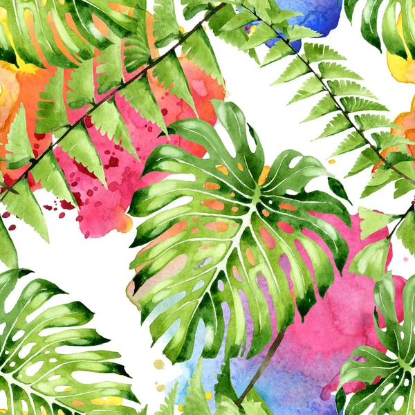 Palm Beach Tree pozostawia dżungli botanicznych. Akwarela zestaw ilustracji tła. Płynny wzór tła. — Zdjęcie stockowe