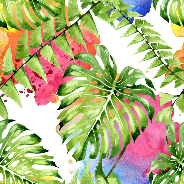 Palm beach tree leaves jungle botanical. Watercolor background illustration set. Seamless background pattern.