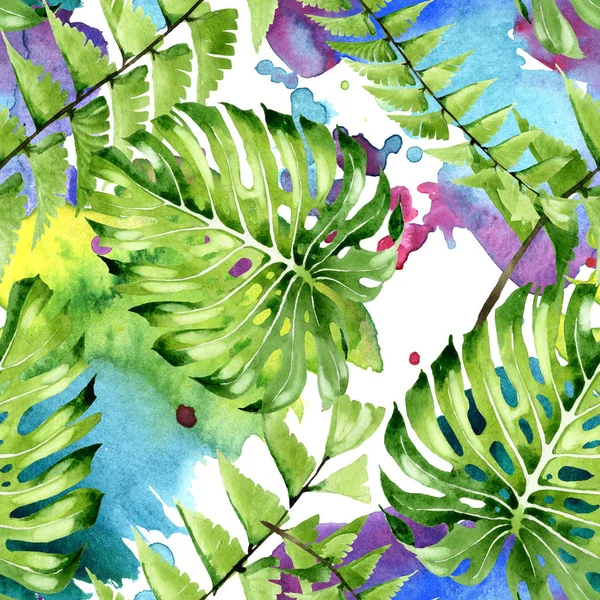 Palma albero da spiaggia lascia giungla botanica. Acquerello sfondo illustrazione set. Modello di sfondo senza soluzione di continuità . — Foto Stock