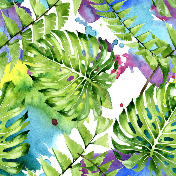 Palm beach tree leaves jungle botanical. Watercolor background illustration set. Seamless background pattern.