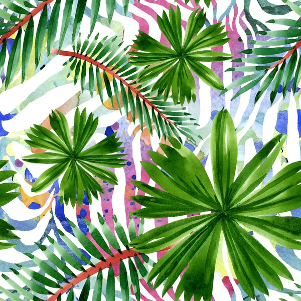 Palm Beach Tree lämnar Jungle Botanical. Akvarell bakgrund illustration uppsättning. Sömlöst bakgrundsmönster. — Stockfoto