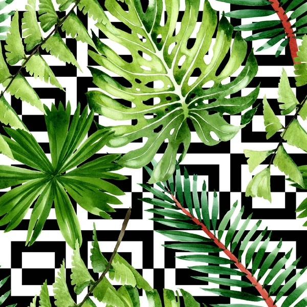 Palmera deja la selva botánica. Conjunto de ilustración de fondo acuarela. Patrón de fondo sin costuras . — Foto de Stock