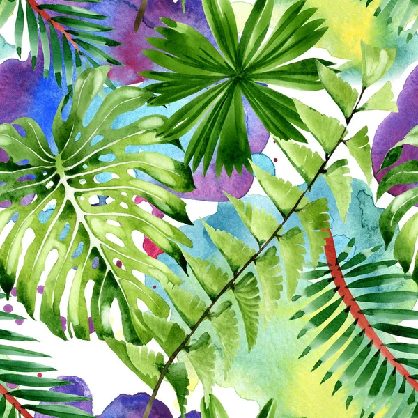 Palmera deja la selva botánica. Conjunto de ilustración de fondo acuarela. Patrón de fondo sin costuras . —  Fotos de Stock