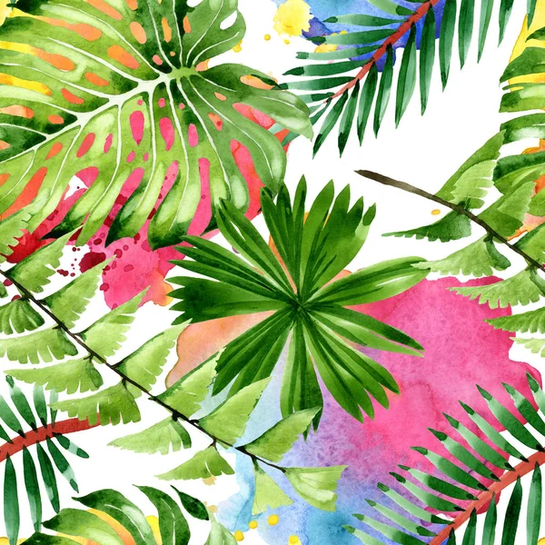 Palmera deja la selva botánica. Conjunto de ilustración de fondo acuarela. Patrón de fondo sin costuras . — Foto de Stock