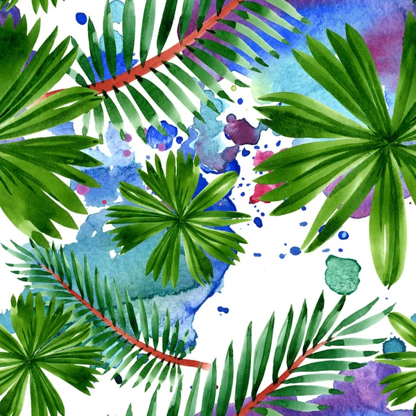 Palm beach tree leaves jungle botanical. Watercolor background illustration set. Seamless background pattern.