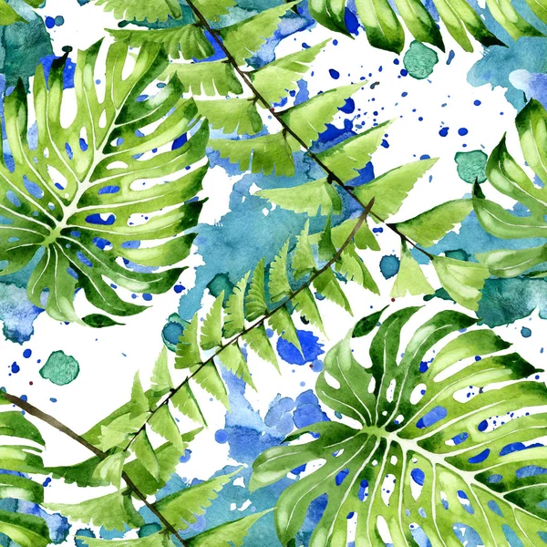 Palm beach tree leaves jungle botanical. Watercolor background illustration set. Seamless background pattern.
