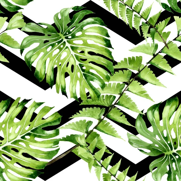 Palma albero da spiaggia lascia giungla botanica. Acquerello sfondo illustrazione set. Modello di sfondo senza soluzione di continuità . — Foto Stock