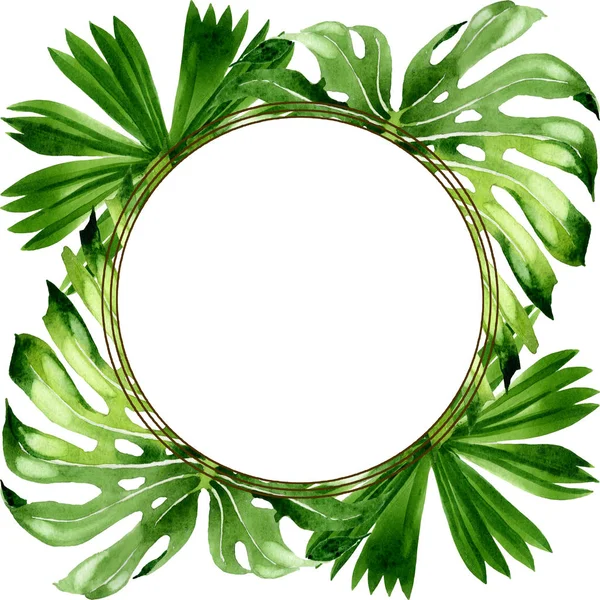 Palm Beach tree verlaat jungle botanische. Aquarel achtergrond illustratie instellen. Frame rand ornament vierkant. — Stockfoto