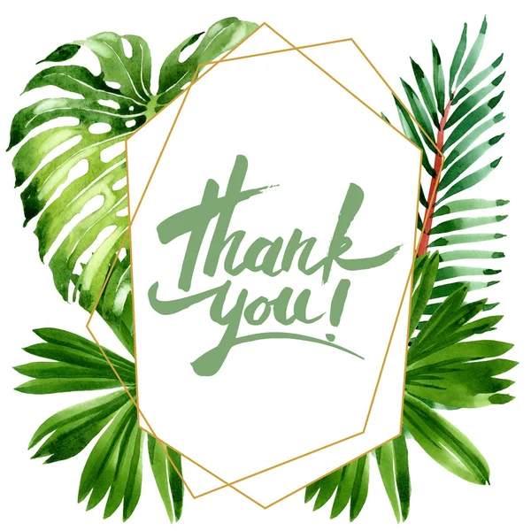 Palm beach tree leaves jungle botanical. Watercolor background illustration set. Frame border ornament square.