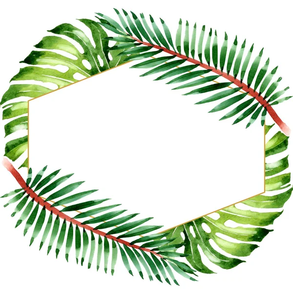 Palm beach tree leaves jungle botanical. Watercolor background illustration set. Frame border ornament square. — Stock Photo, Image