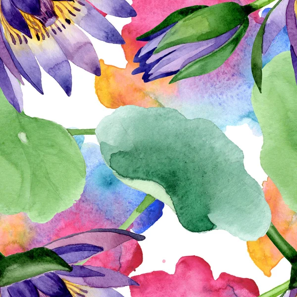 Blue lotus floral botanical flowers. Watercolor background illustration set. Seamless background pattern. — Stock Photo, Image