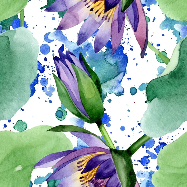 Blue lotus floral botanical flowers. Watercolor background illustration set. Seamless background pattern. — Stock Photo, Image