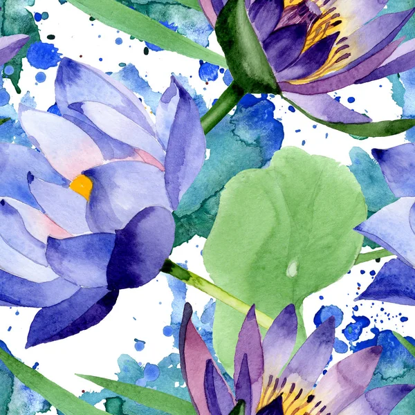 Flores botânicas florais de lótus azul. Conjunto de ilustração de fundo aquarela. Padrão de fundo sem costura . — Fotografia de Stock