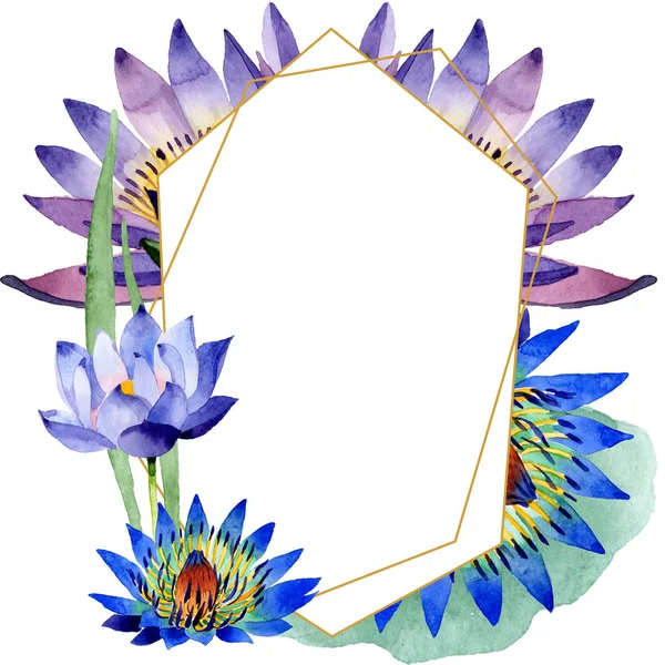 Fiori botanici floreali di loto blu. Acquerello sfondo illustrazione set. Quadrato ornamento bordo cornice . — Foto Stock