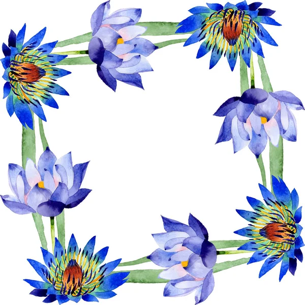 Fiori botanici floreali di loto blu. Acquerello sfondo illustrazione set. Quadrato ornamento bordo cornice . — Foto Stock