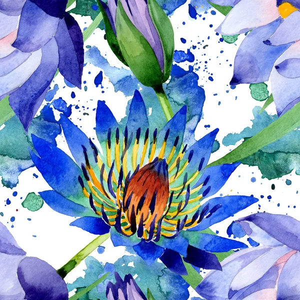 Niebieski Lotos kwiatowy kwiatów botanicznych. Akwarela zestaw ilustracji tła. Płynny wzór tła. — Zdjęcie stockowe