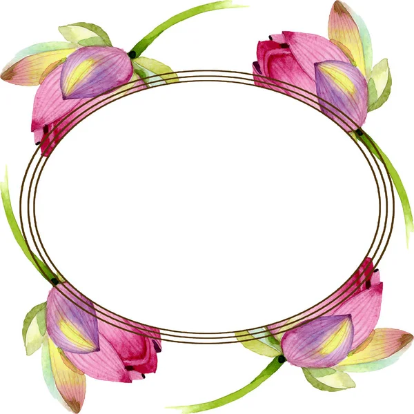 Botanische rosa Lotusblüten. Aquarell Hintergrundillustration Set. Rahmen Rand Ornament Quadrat. — Stockfoto
