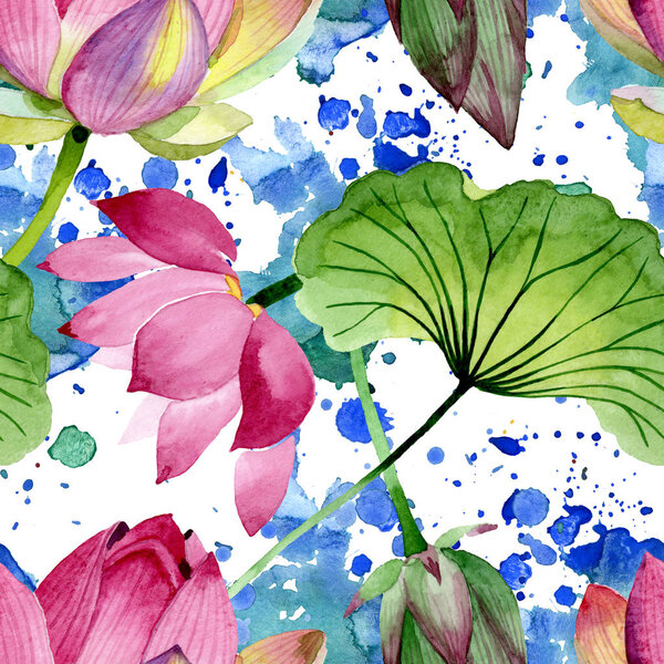 Pink lotus floral botanical flowers. Watercolor background illustration set. Seamless background pattern.