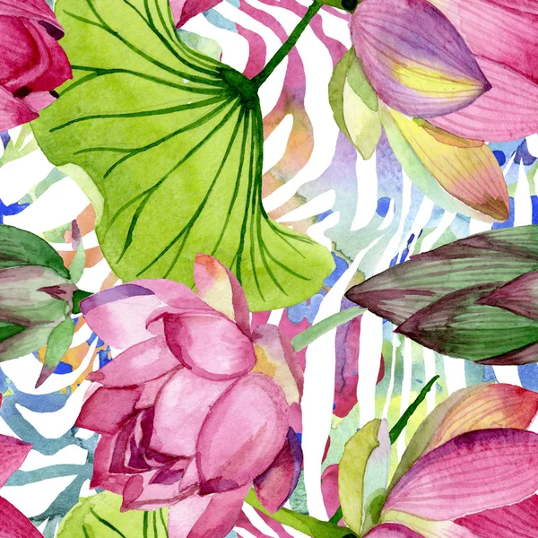 ดอกบัวสีชมพู ดอกไม้พฤกษศาสตร์ ชุดภาพประกอบพื้นหลังสีน้ํา รูปแบบพื้นหลังที่ไร้รอยต่อ . — ภาพถ่ายสต็อก