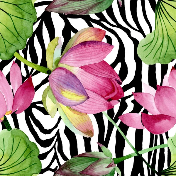 Fiori botanici floreali di loto rosa. Acquerello sfondo illustrazione set. Modello di sfondo senza soluzione di continuità . — Foto Stock