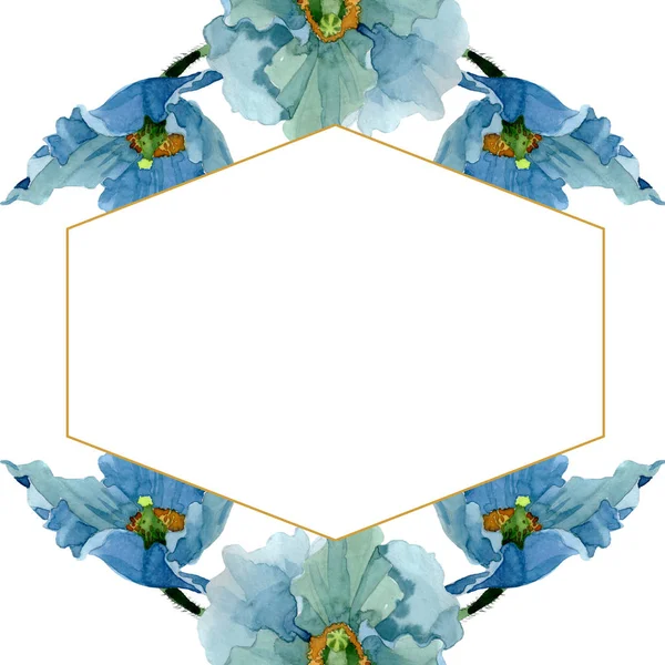 Fiori botanici floreali di papavero blu. Acquerello sfondo illustrazione set. Quadrato ornamento bordo cornice . — Foto Stock