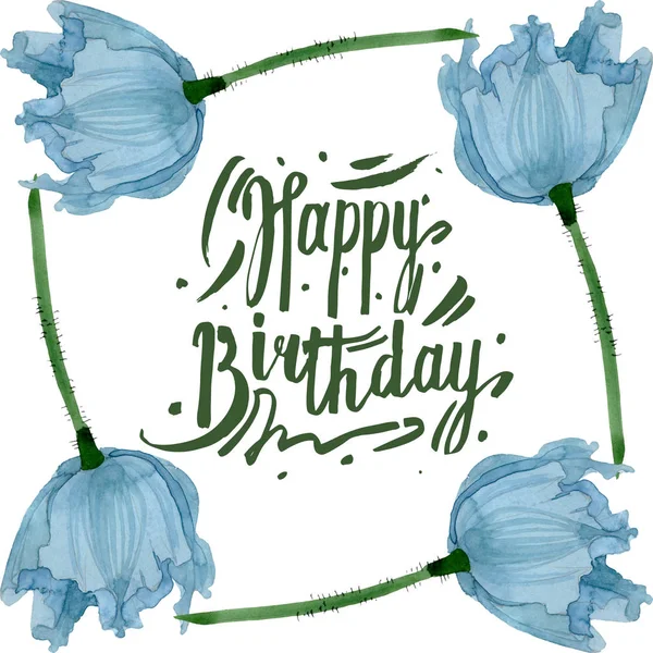 블루 양 귀 비 꽃 식물 꽃입니다. 수채화 배경 그림 설정 합니다. 프레임 테두리 장식 스퀘어. — 스톡 사진