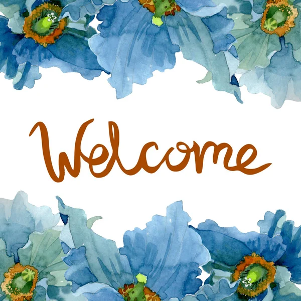 Blauer Klatschmohn mit botanischen Blüten. Aquarell Hintergrundillustration Set. Rahmen Rand Ornament Quadrat. — Stockfoto