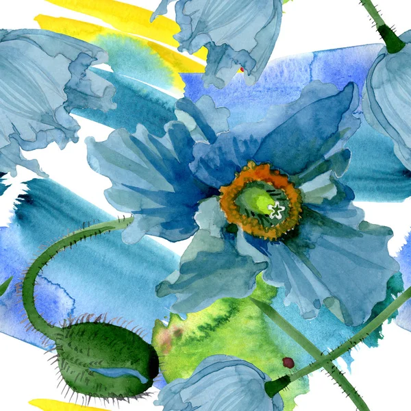 Niebieski MAK kwiatowy kwiatów botanicznych. Akwarela zestaw ilustracji tła. Płynny wzór tła. — Zdjęcie stockowe