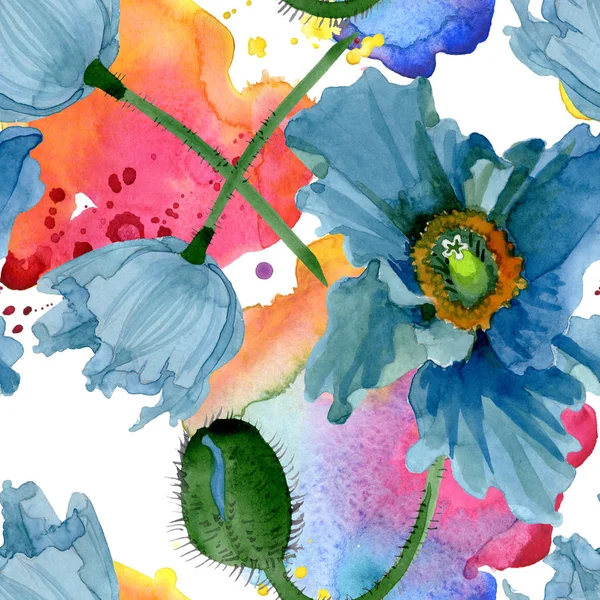 Blå vallmo blommiga botaniska blommor. Akvarell bakgrund illustration uppsättning. Sömlöst bakgrundsmönster. — Stockfoto