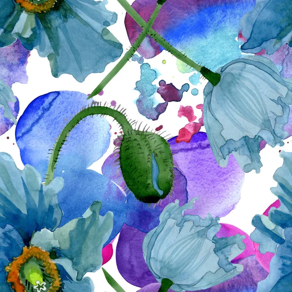 Blauwe klaproos Floral botanische bloemen. Aquarel achtergrond illustratie instellen. Naadloos achtergrond patroon. — Stockfoto