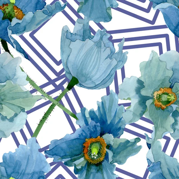 Blauwe klaproos Floral botanische bloemen. Aquarel achtergrond illustratie instellen. Naadloos achtergrond patroon. — Stockfoto