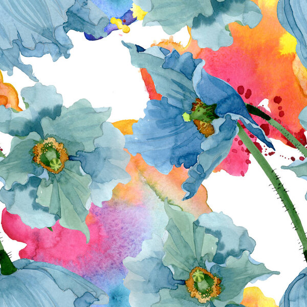 Синий мак цветочные ботанические цветы. Набор акварельных фонов. Бесшовный рисунок фона
.