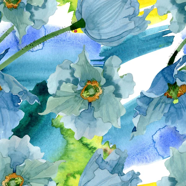 Blauer Klatschmohn mit botanischen Blüten. Aquarell Hintergrundillustration Set. nahtloses Hintergrundmuster. — Stockfoto