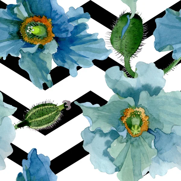 蓝色罂粟花植物花。水彩背景插图集。无缝背景模式. — 图库照片