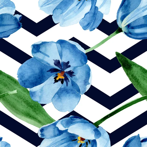 Blauwe tulp bloemen botanische bloemen. Aquarel achtergrond illustratie instellen. Naadloos achtergrond patroon. — Stockfoto