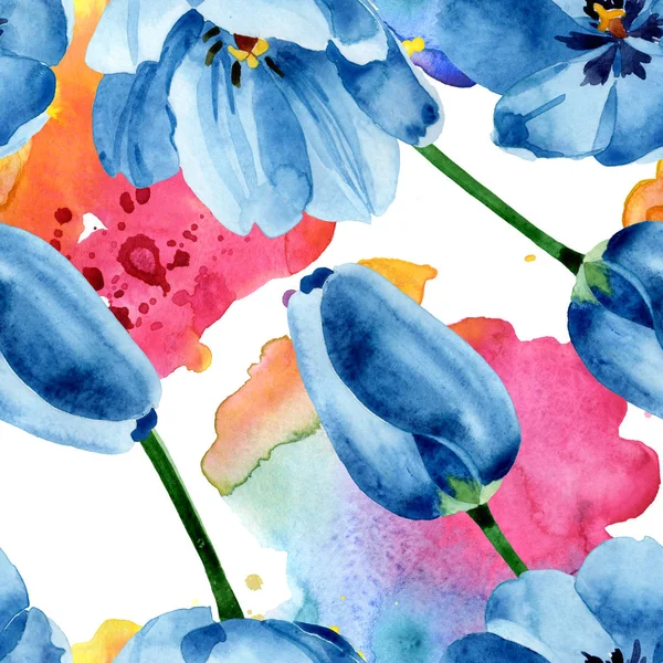 Fleurs botaniques florales de tulipe bleue. Ensemble d'illustration de fond aquarelle. Modèle de fond sans couture . — Photo