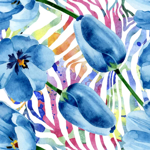 Tulipano blu fiori botanici floreali. Acquerello sfondo illustrazione set. Modello di sfondo senza soluzione di continuità . — Foto Stock