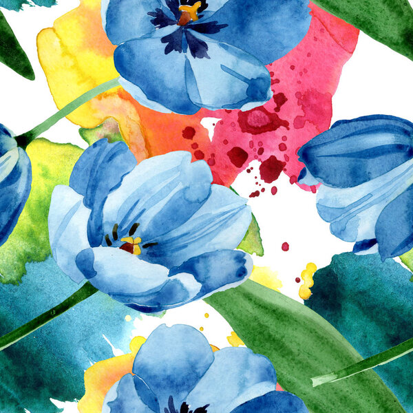 Blue tulip floral botanical flowers. Watercolor background illustration set. Seamless background pattern.
