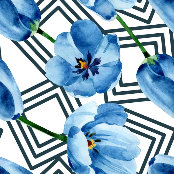 Blå tulpan blommiga botaniska blommor. Akvarell bakgrund illustration uppsättning. Sömlöst bakgrundsmönster. — Stockfoto