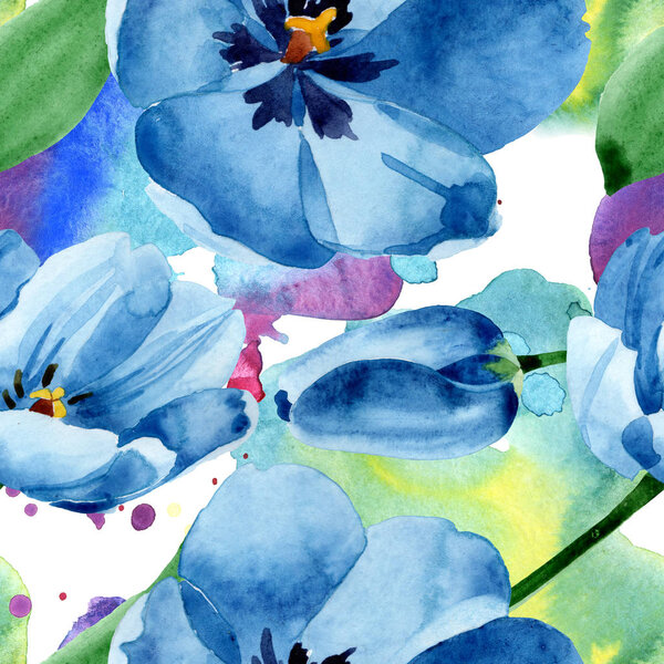 Blue tulip floral botanical flowers. Watercolor background illustration set. Seamless background pattern.