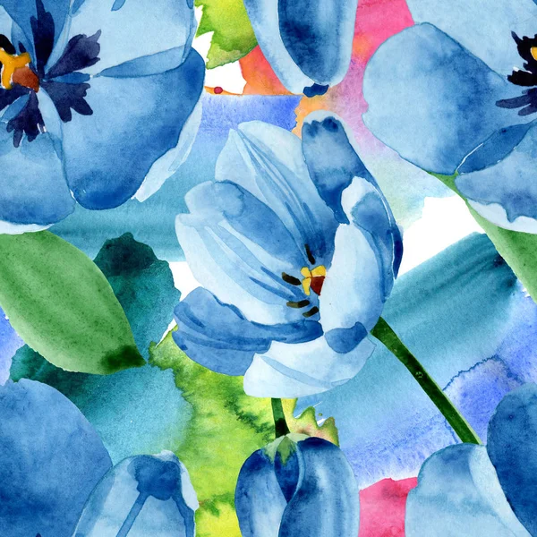 Flori florale florale de lalea albastre. Set de ilustrații de fundal acuarelă. Model de fundal fără sudură . — Fotografie, imagine de stoc