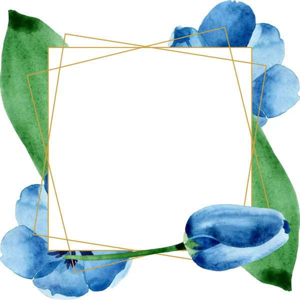 Flores botánicas florales de tulipán azul. Conjunto de ilustración de fondo acuarela. Marco borde ornamento cuadrado . — Foto de Stock