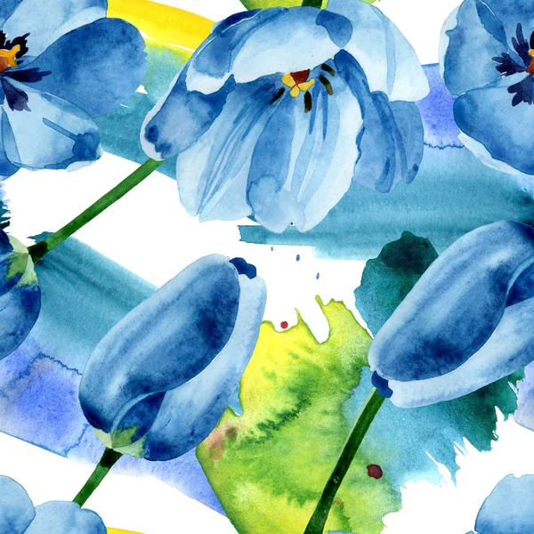 Azul tulipa flores botânicas florais. Conjunto de ilustração de fundo aquarela. Padrão de fundo sem costura . — Fotografia de Stock