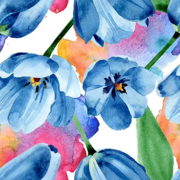 Niebieski tulipan kwiatowy kwiatów botanicznych. Akwarela zestaw ilustracji tła. Płynny wzór tła. — Zdjęcie stockowe