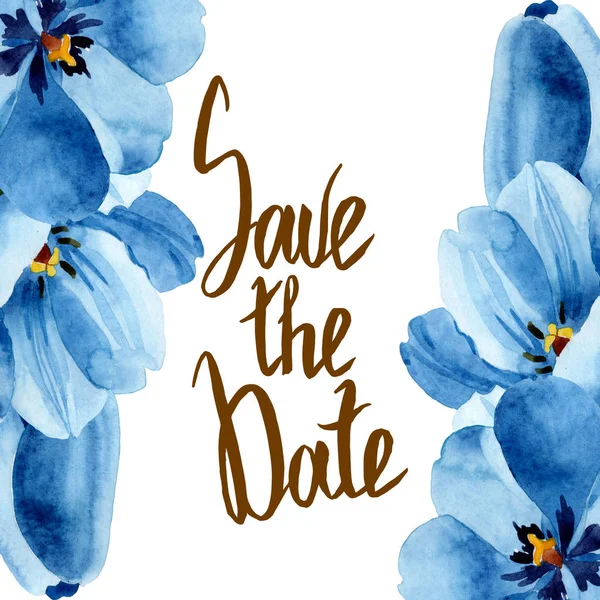 Blaue Tulpe mit botanischen Blüten. Aquarell Hintergrundillustration Set. Rahmen Rand Ornament Quadrat. — Stockfoto