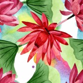 Vörös lótusz virágos botanikus virág. Akvarell háttér illusztráció meg. Folytonos háttérmintázat.