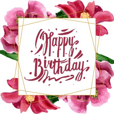 Kırmızı camelia çiçek botanik çiçek. Suluboya arka plan illüstrasyon seti. Çerçeve kenarlık süs karesi.